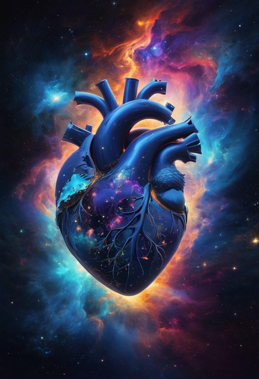 A cosmic scene depicting a heart made of shimmering stars, surrounded by nebulae and celestial bodies symbolizing innovation. Incorporate elements of technology such as glowing circuits intertwining with the stars, emphasizing the connection between the cosmos and human emotion. The background should be a deep space blue, filled with twinkling stars and vibrant galaxies, creating a sense of wonder and devotion. digital art. vibrant colors. cosmic theme.