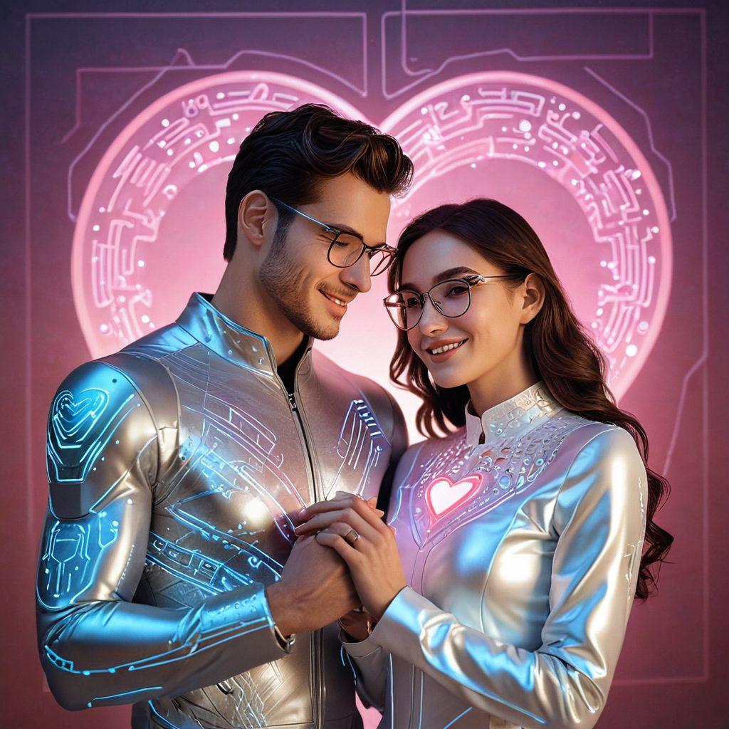 A futuristic couple interacting with advanced holographic technology, showcasing a blend of romance and innovation. The setting features soft ambient lighting with digital heart motifs and circuit patterns in the background. Include gentle gestures of affection, like hand-holding and smiling, juxtaposed with tech gadgets like smartwatches and AR glasses. The color scheme should be warm and inviting, representing tenderness amidst a tech-savvy world. super-realistic. vibrant colors. 3D.