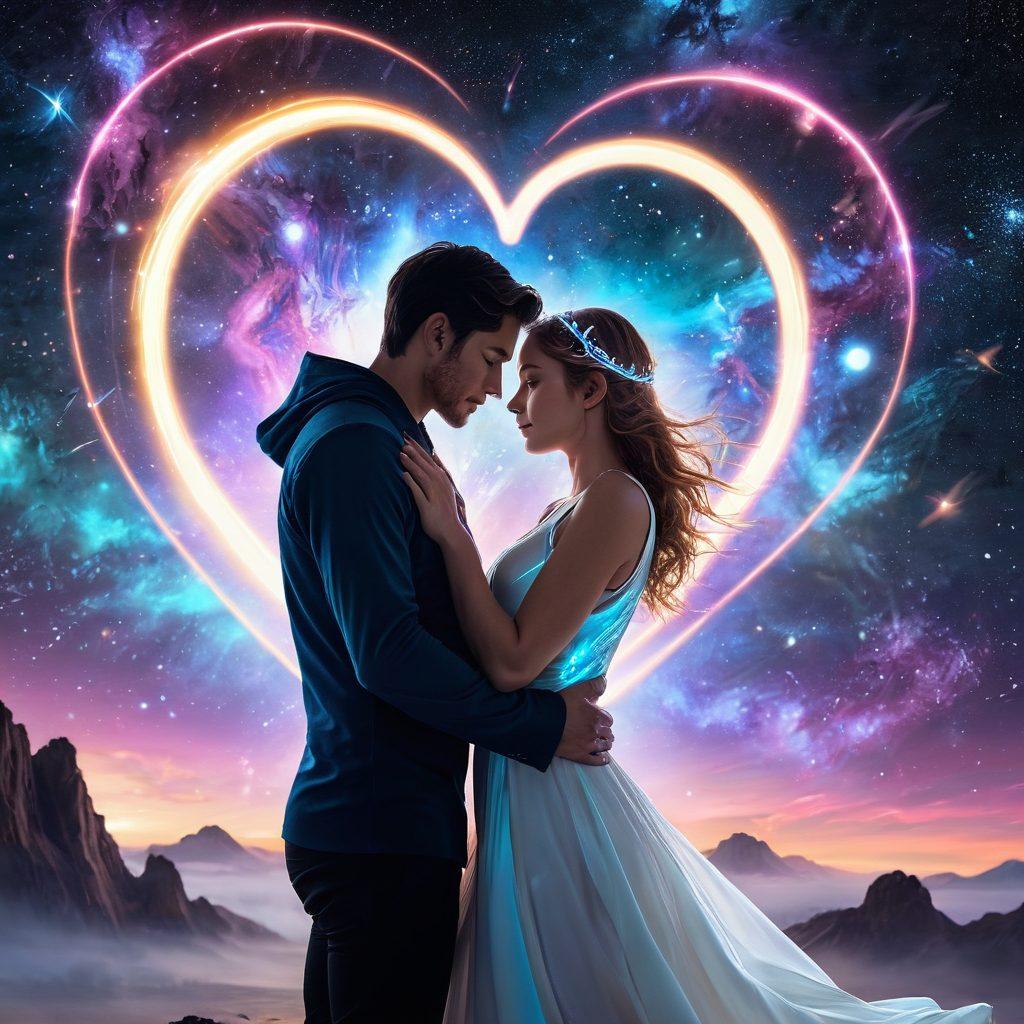 A futuristic couple embracing in a starry cosmic backdrop, with glowing circuitry and heart symbols intertwining among planets and galaxies. The scene captures the fusion of technology and romance, highlighting warmth and connection amidst the vastness of space. Ethereal colors and digital elements blend seamlessly, evoking emotion and innovation. super-realistic. vibrant colors. cosmic theme.